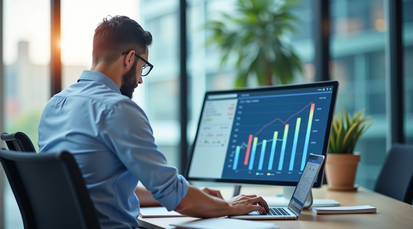 Financial analyst reviewing revenue reports and market trend data on desktop monitor