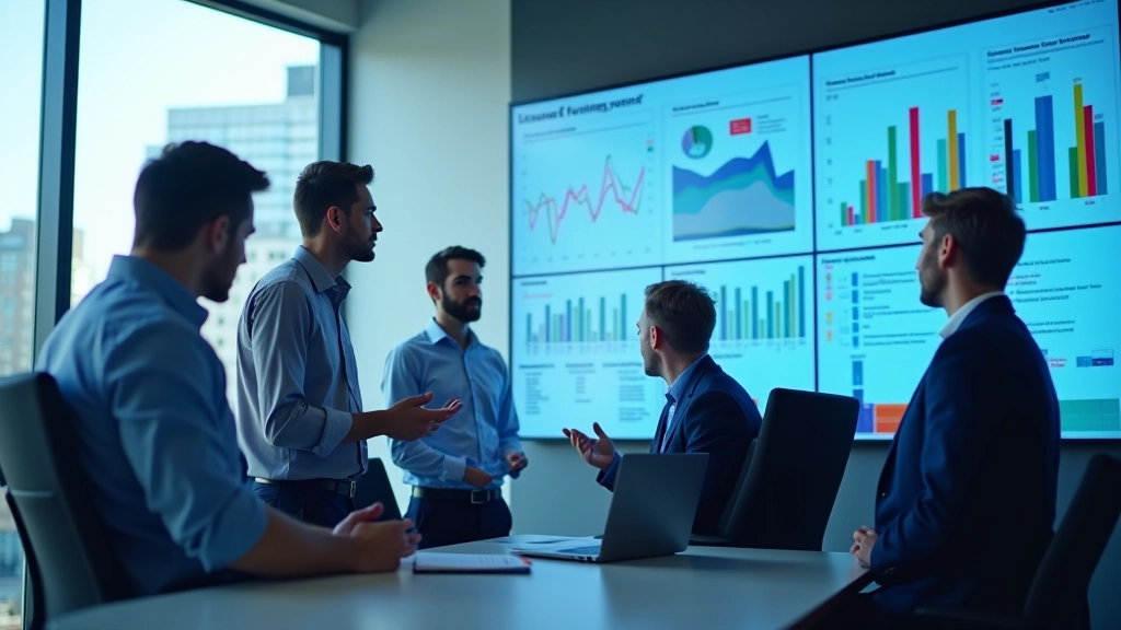 Financial team in collaborative meeting reviewing revenue forecasts and predictive models on large display